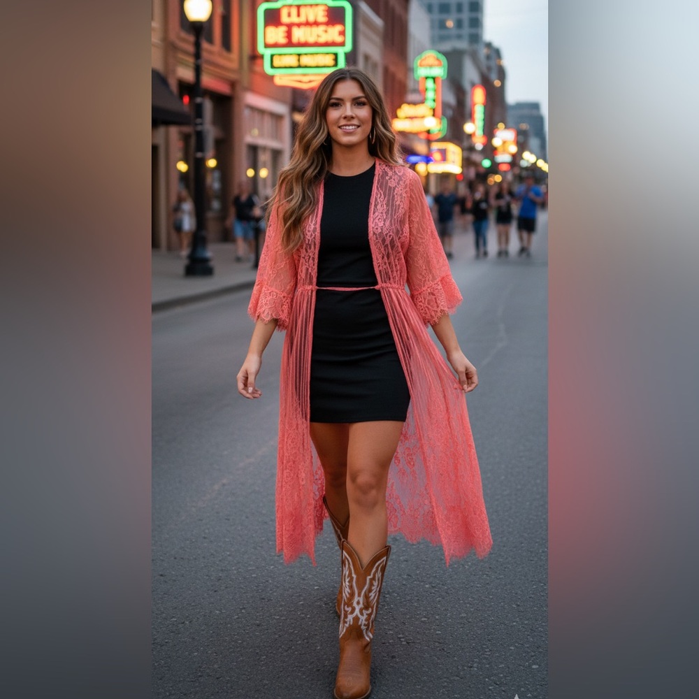 Melograno Rico Coral lace duster kimono robe  boho/ western wear L